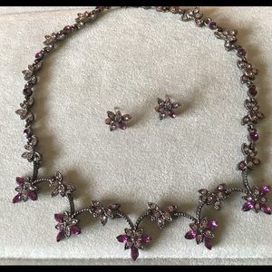 Purple, Pink Rhinestone Necklace and Earrings Set